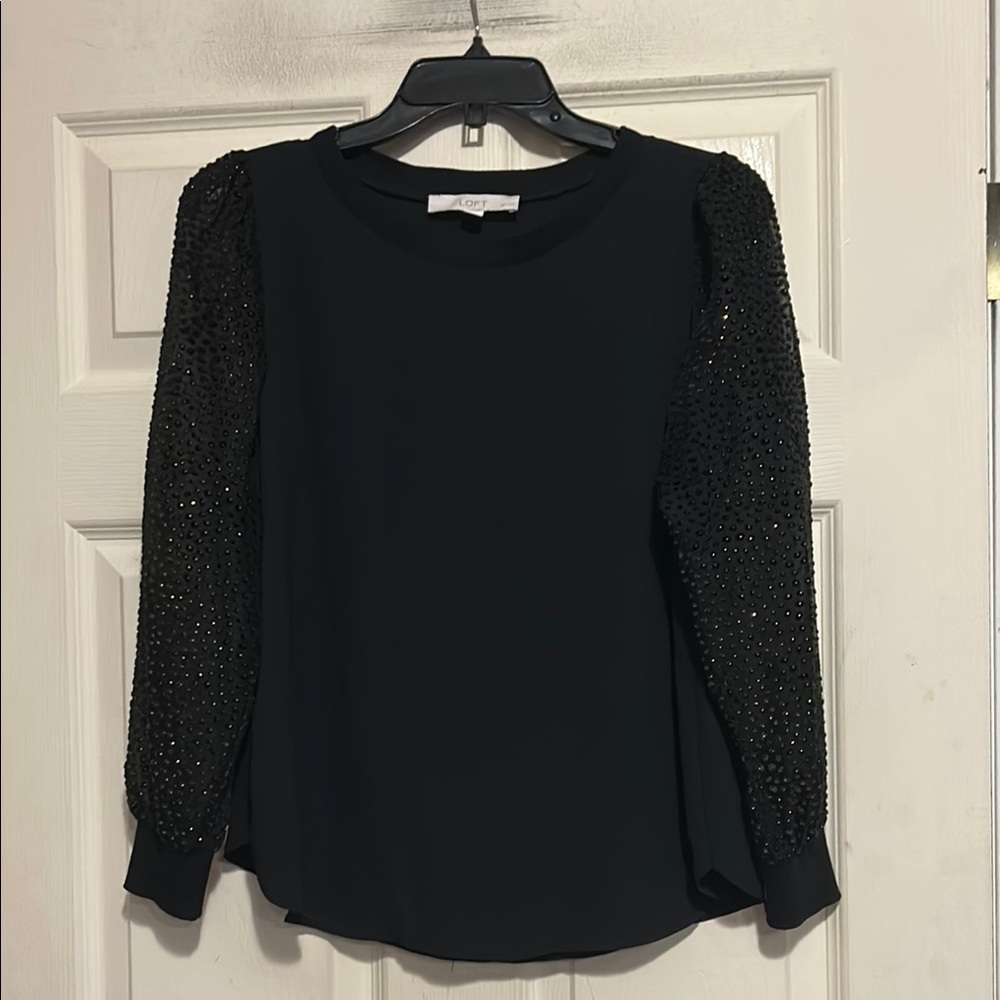 LOFT Black Top with Sequined Sleeves Size Petite Small